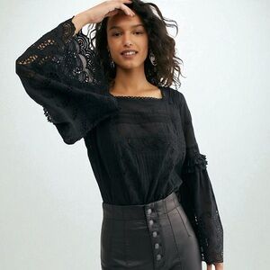 Free People 100% Cotton Black Bohemian Lace Detail Bell Sleeve Blouse Bodysuit